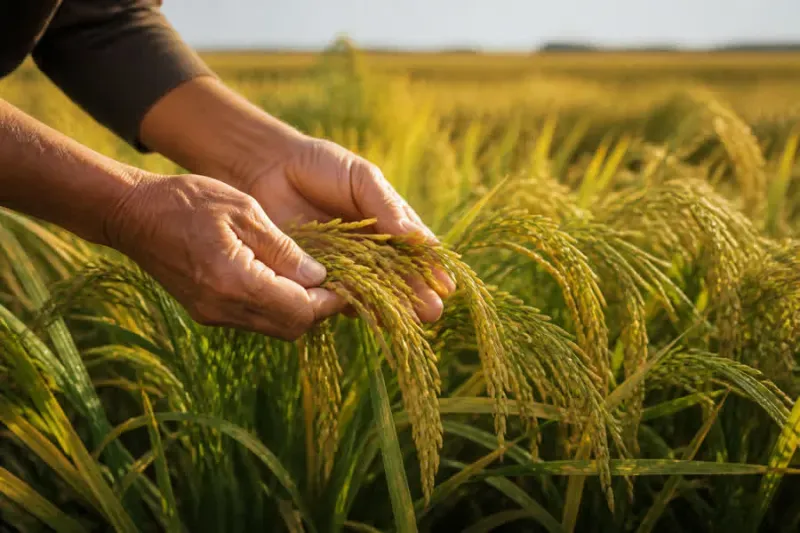 M&atilde;os tocando espigas maduras em uma lavoura de arroz